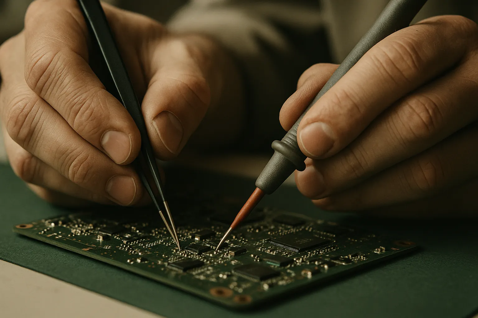 Le mani di un tecnico sondano con una pinzetta antistatica e il puntale di un multimetro i componenti di una scheda elettronica appoggiata su un tappetino antistatico.